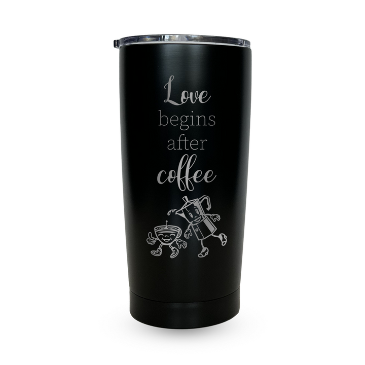 Verre isotherme gravé - Love begins after coffee