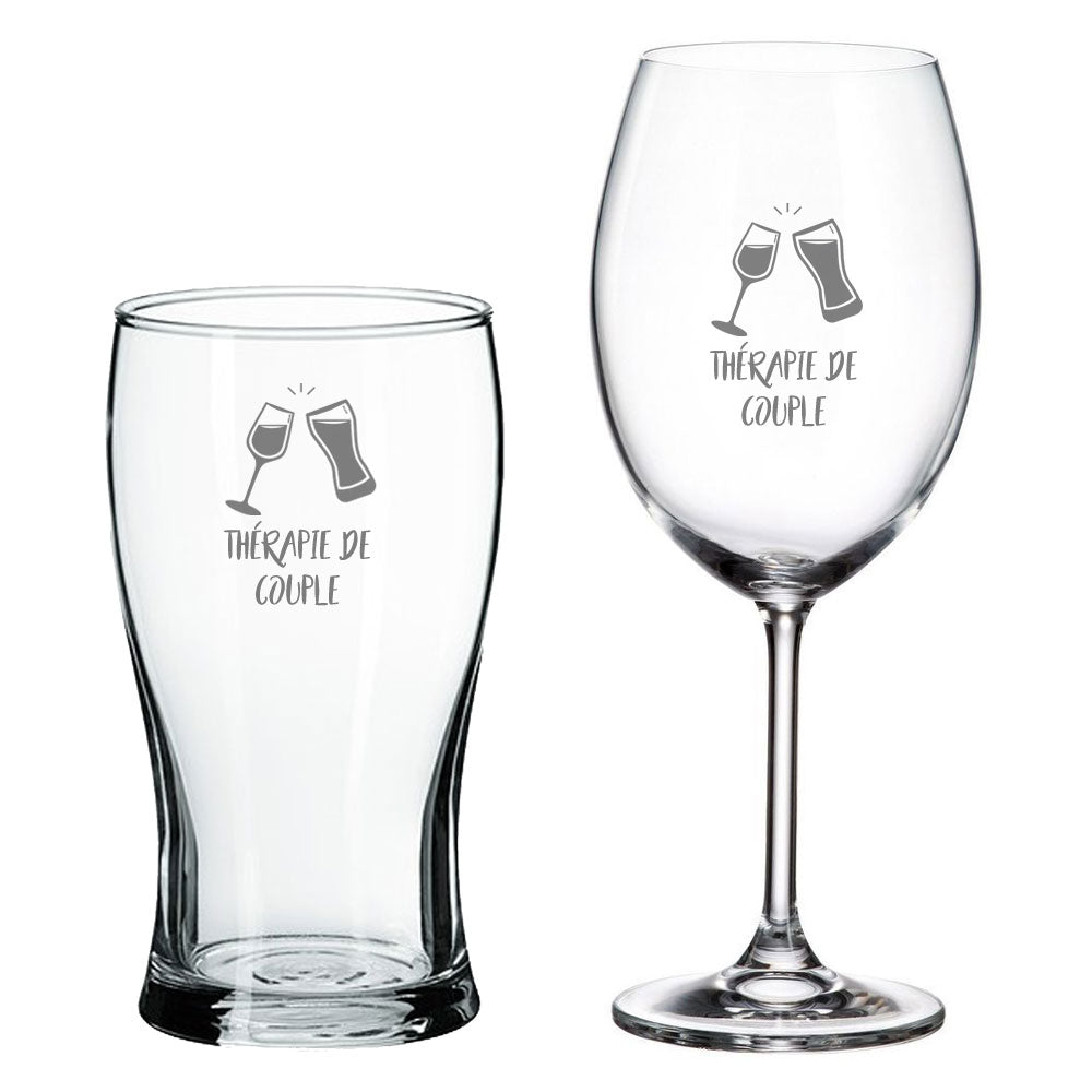 Ensemble de deux verres ''Thérapie de couple'' (Bière et Vin)